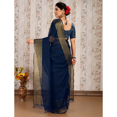 Blue Swarovski Work Chiffon Saree With Woven Border