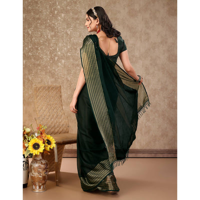 Bottle Green Swarovski Work Chiffon Saree With Woven Border