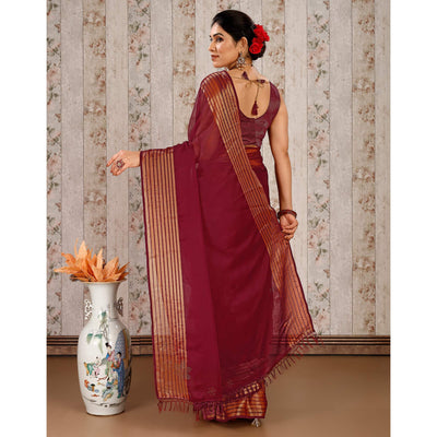 Maroon Swarovski Work Chiffon Saree With Woven Border