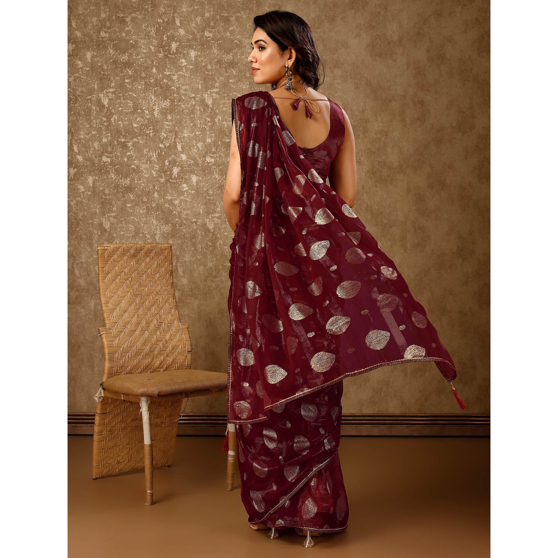 Maroon Foil Printed Chiffon Saree With Gota Patti Lace Border