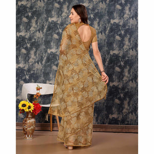 Chikoo Floral Printed With Zari Work Cotton Silk Saree