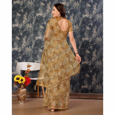 Chikoo Floral Printed With Zari Work Cotton Silk Saree