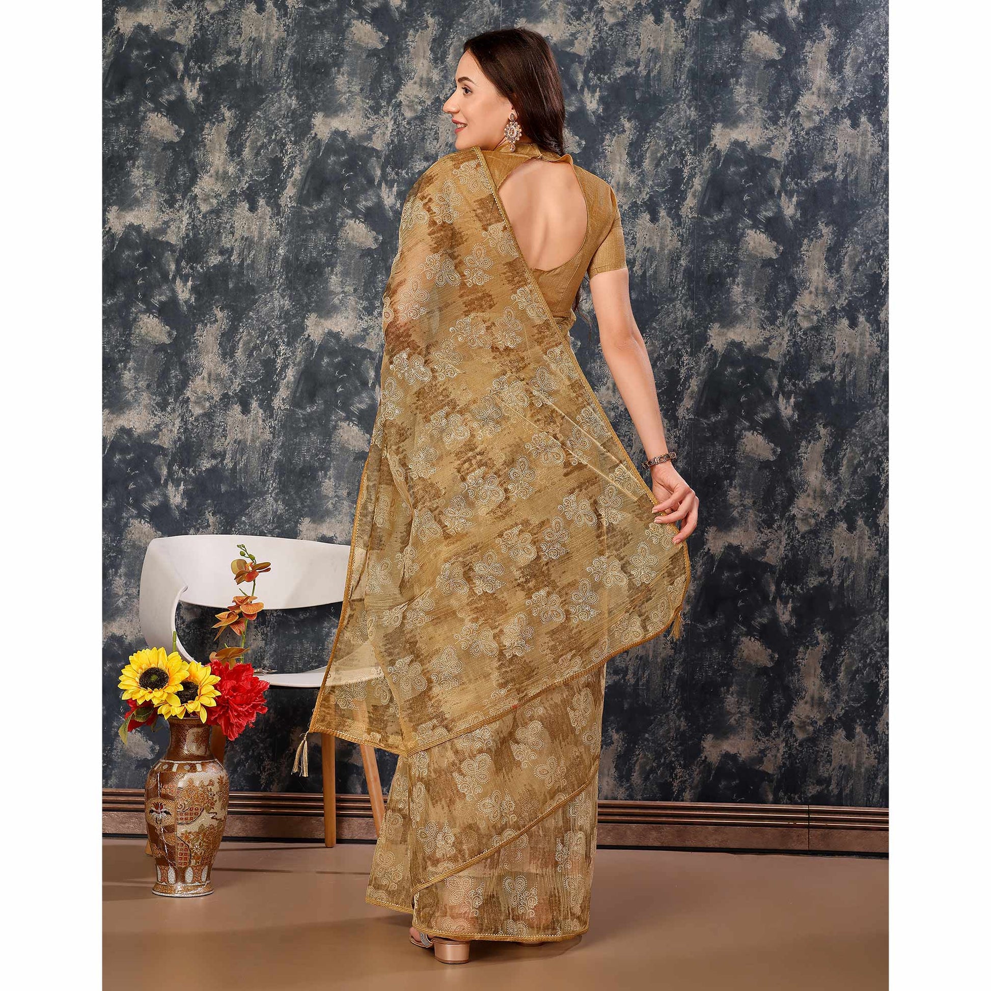 Chikoo Floral Printed With Zari Work Cotton Silk Saree