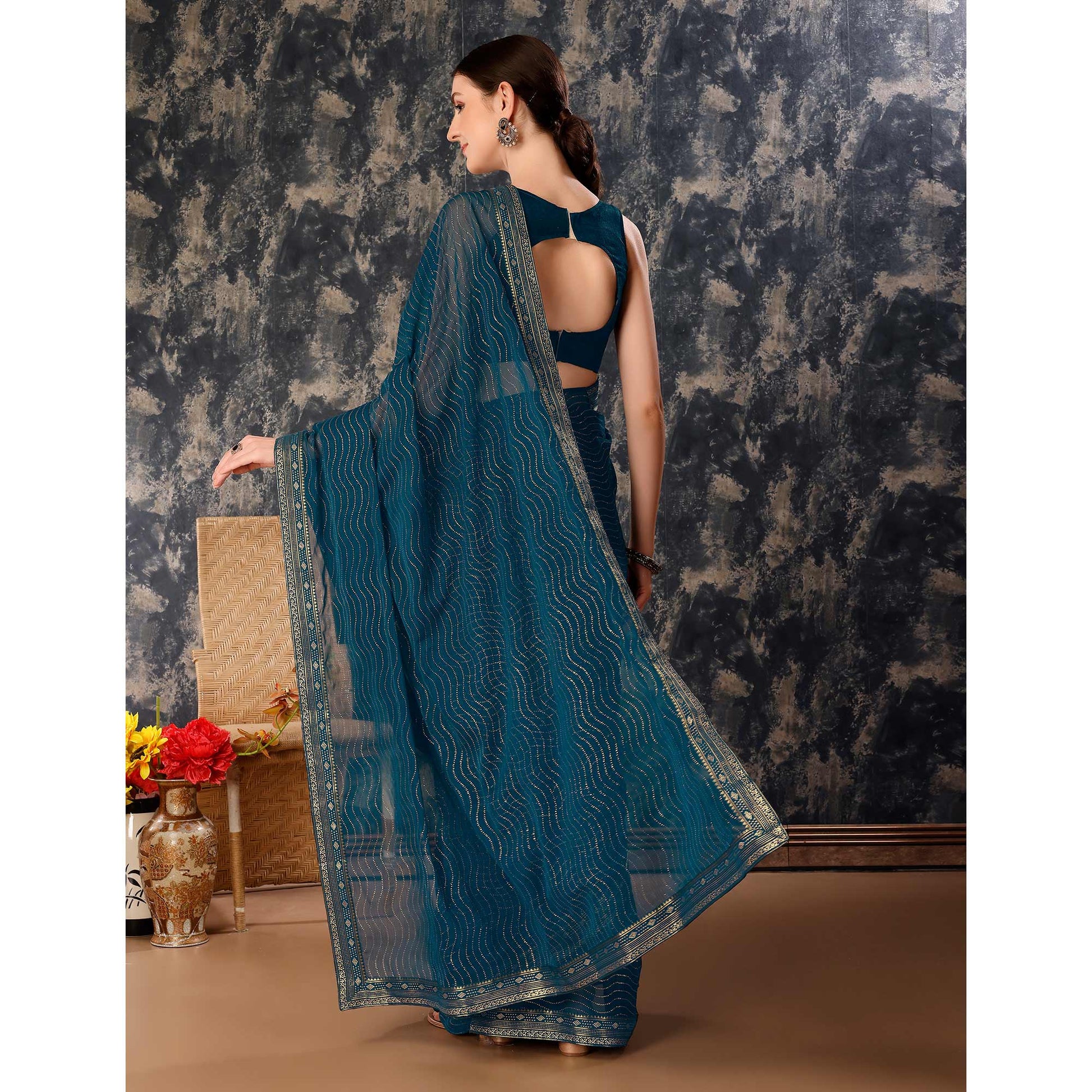 Blue Zari Embroidery Chiffon Saree With Lace Border