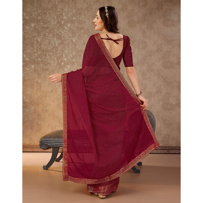 Maroon Zari Embroidery Chiffon Saree With Lace Border