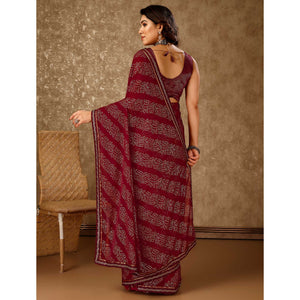 Maroon Bandhani Foil Printed Chiffon Saree With Lace Border