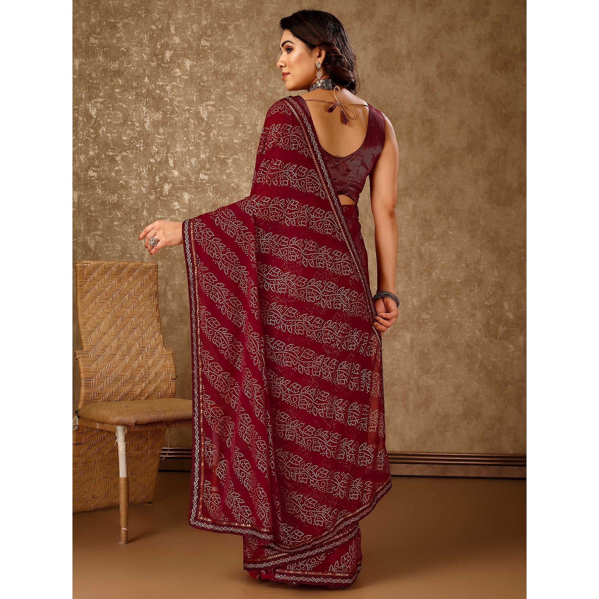 Maroon Bandhani Foil Printed Chiffon Saree With Lace Border