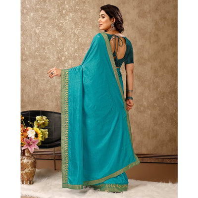 Blue Solid Saree Vichitra Silk With Zari Lace Border