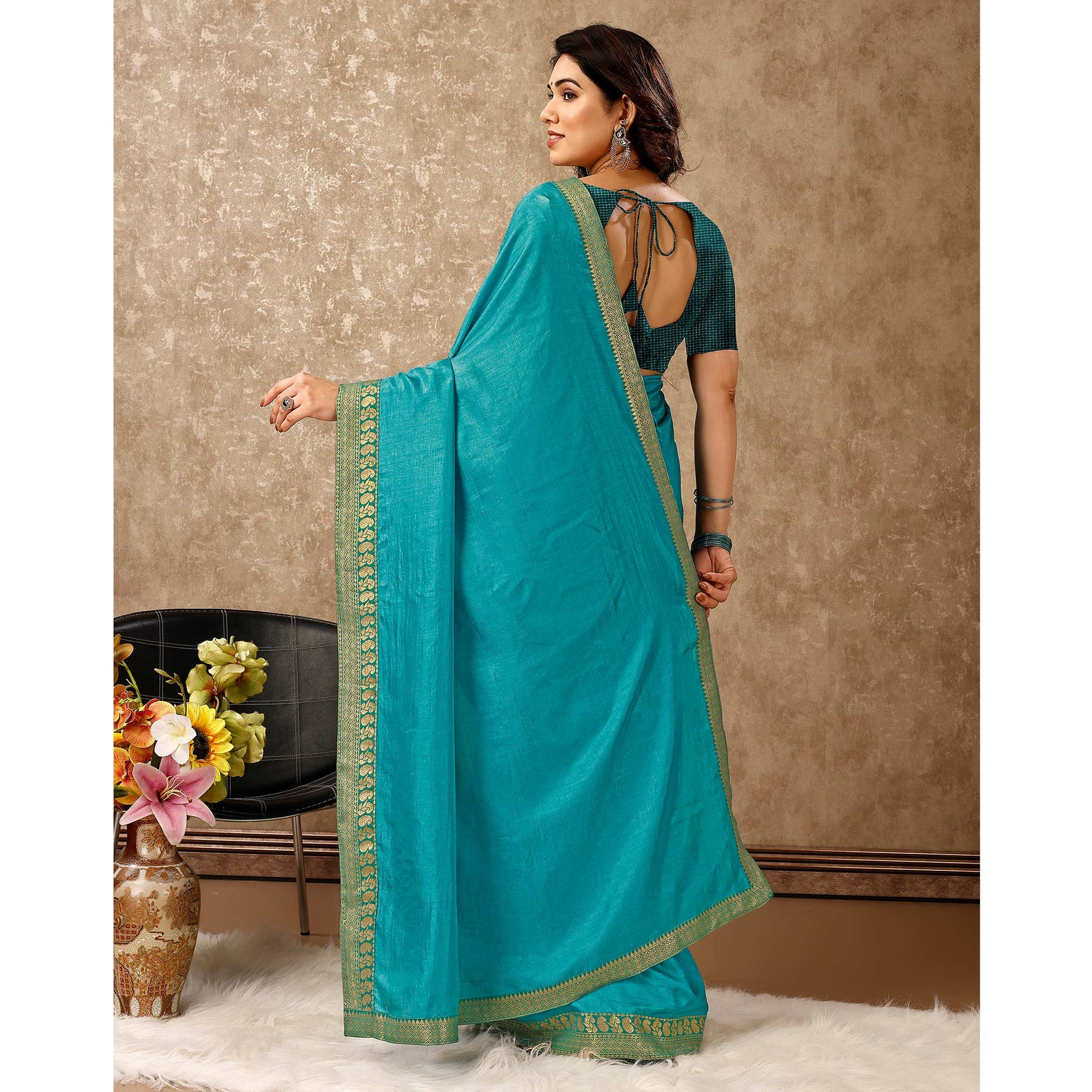 Blue Solid Saree Vichitra Silk With Zari Lace Border