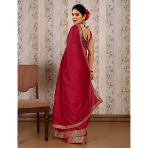 Maroon Solid Saree Vichitra Silk With Zari Lace Border