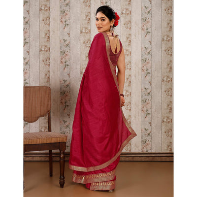 Maroon Solid Saree Vichitra Silk With Zari Lace Border