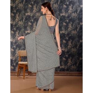 Grey Printed With Zari Work Chiffon Saree With Lace Border