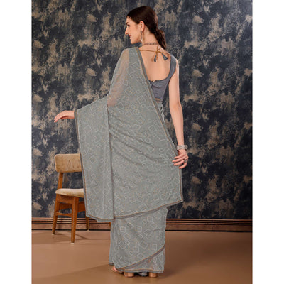 Grey Printed With Zari Work Chiffon Saree With Lace Border