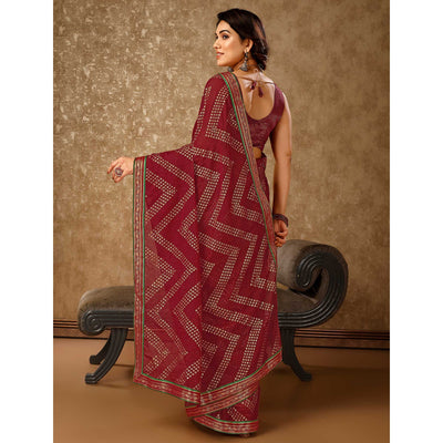 Maroon Foil Printed Chiffon Saree With Lace Border