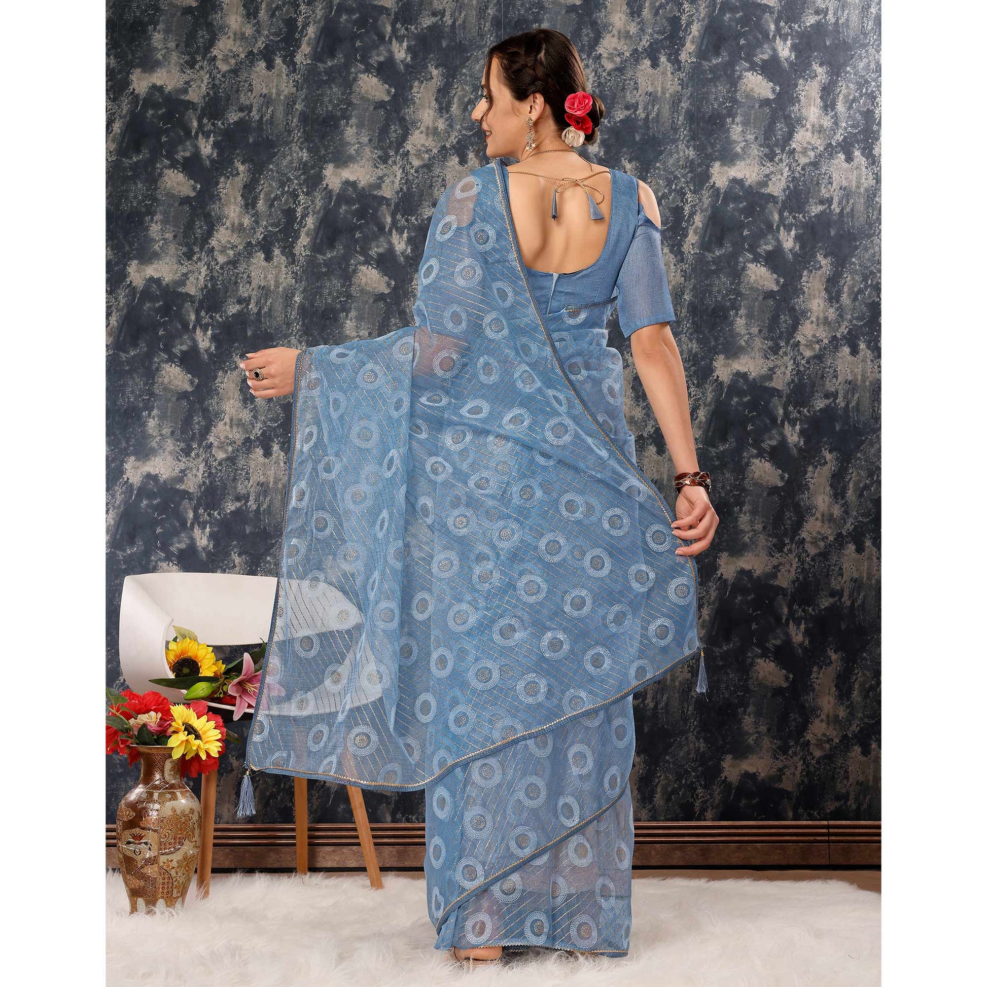 Greyish Blue Printed With Zari Work Cotton Silk Saree With Lace Border