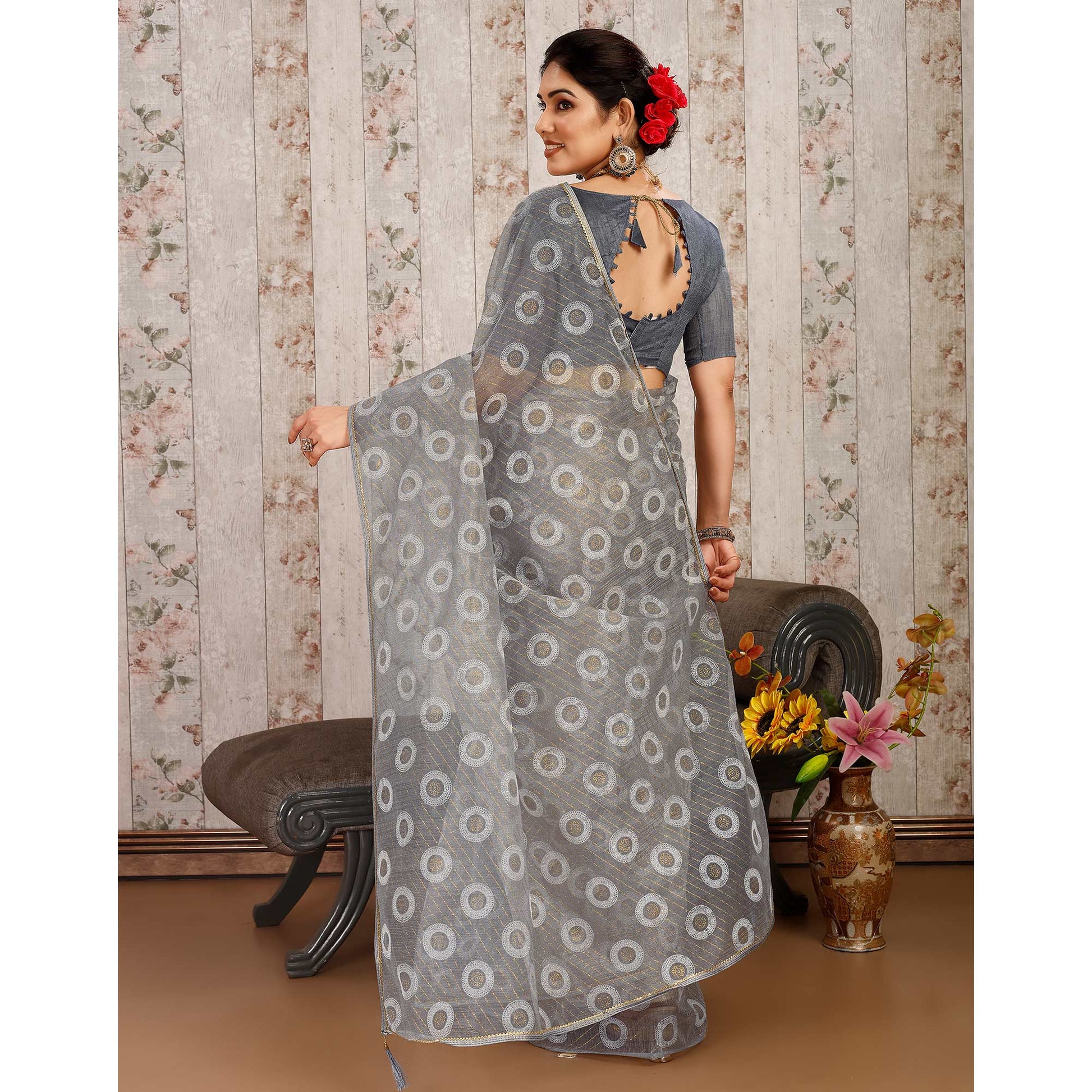 Grey Printed With Zari Work Cotton Silk Saree With Lace Border