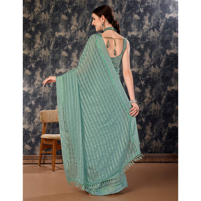 Dusty Green Swarovski Work Chiffon Saree With Tassels