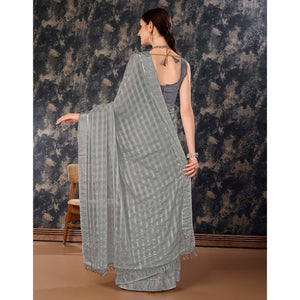 Grey Swarovski Work Chiffon Saree With Tassels