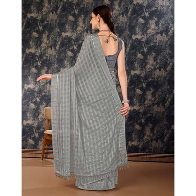 Grey Swarovski Work Chiffon Saree With Tassels