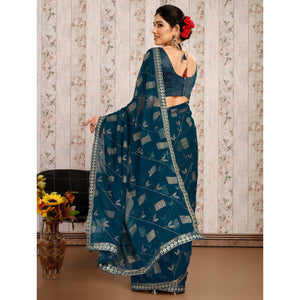 Morpich Floral Foil Printed Chiffon Saree With Lace Border