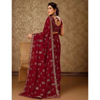 Maroon Floral Foil Printed Chiffon Saree With Lace Border