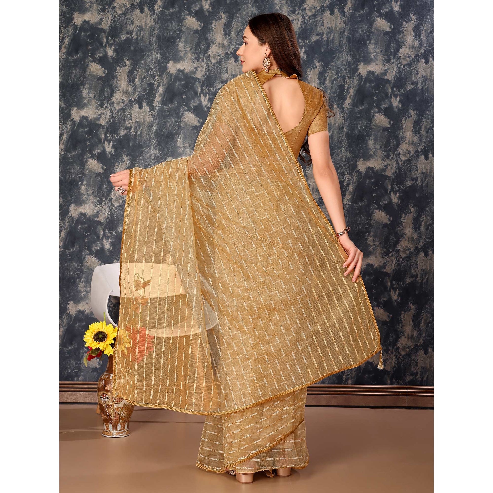 Chikoo Zari Printed Cotton Silk Saree Lace Border