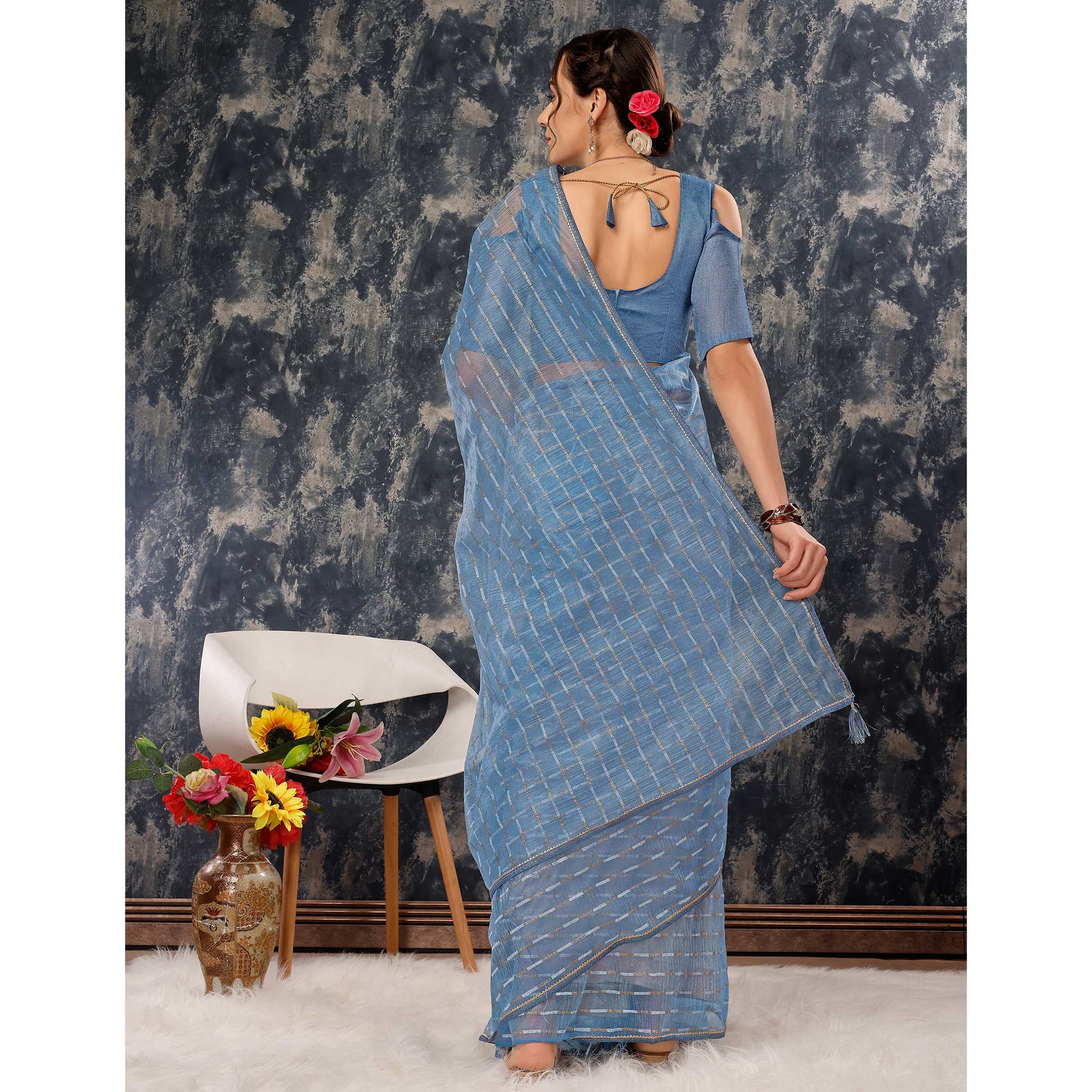 Greyish Blue Zari Printed Cotton Silk Saree Lace Border