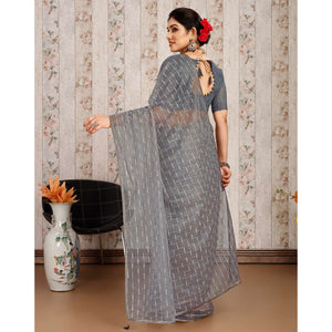 Grey Zari Printed Cotton Silk Saree Lace Border