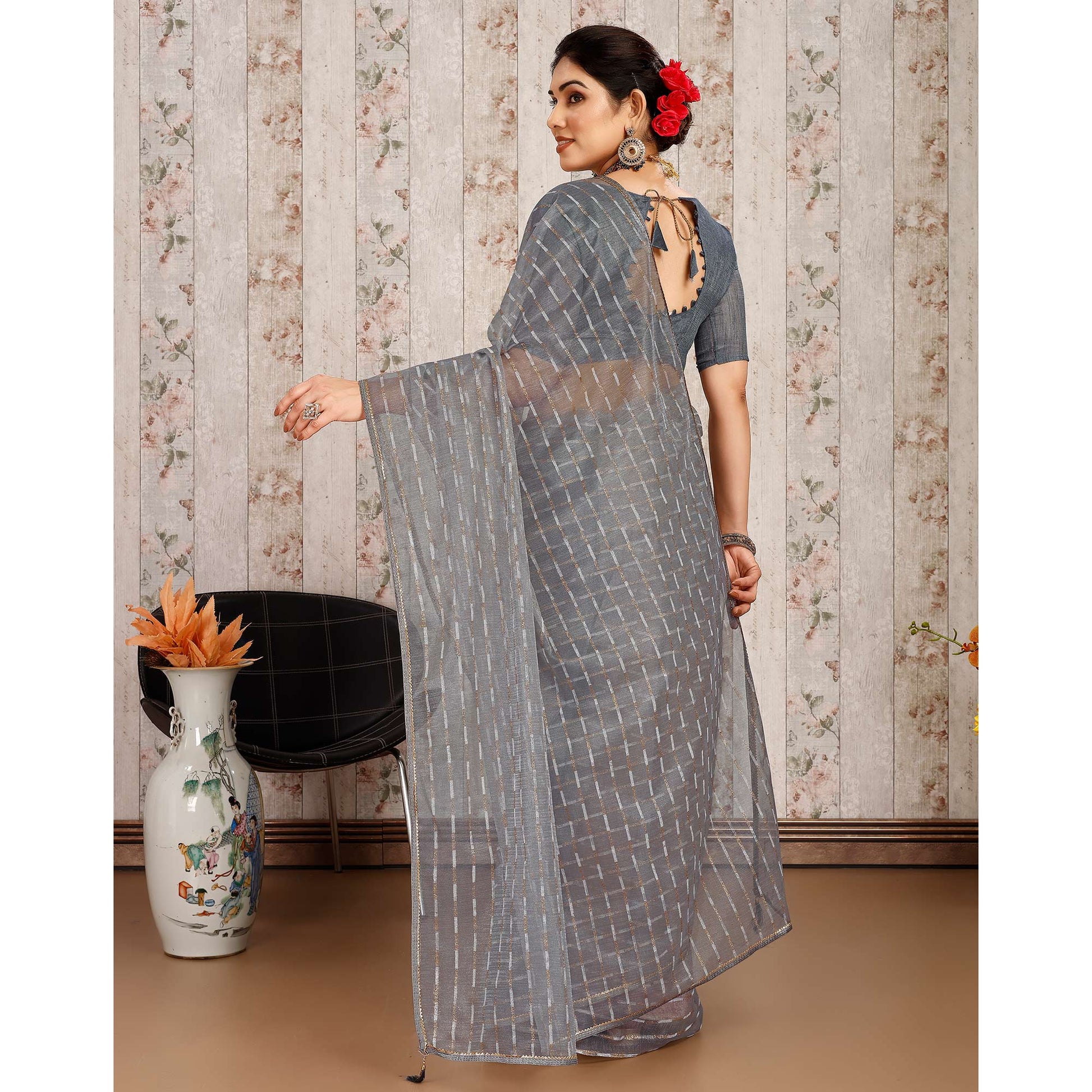 Grey Zari Printed Cotton Silk Saree Lace Border