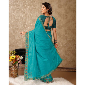 Blue Swarovski Work Vichitra Silk Saree Lace Border