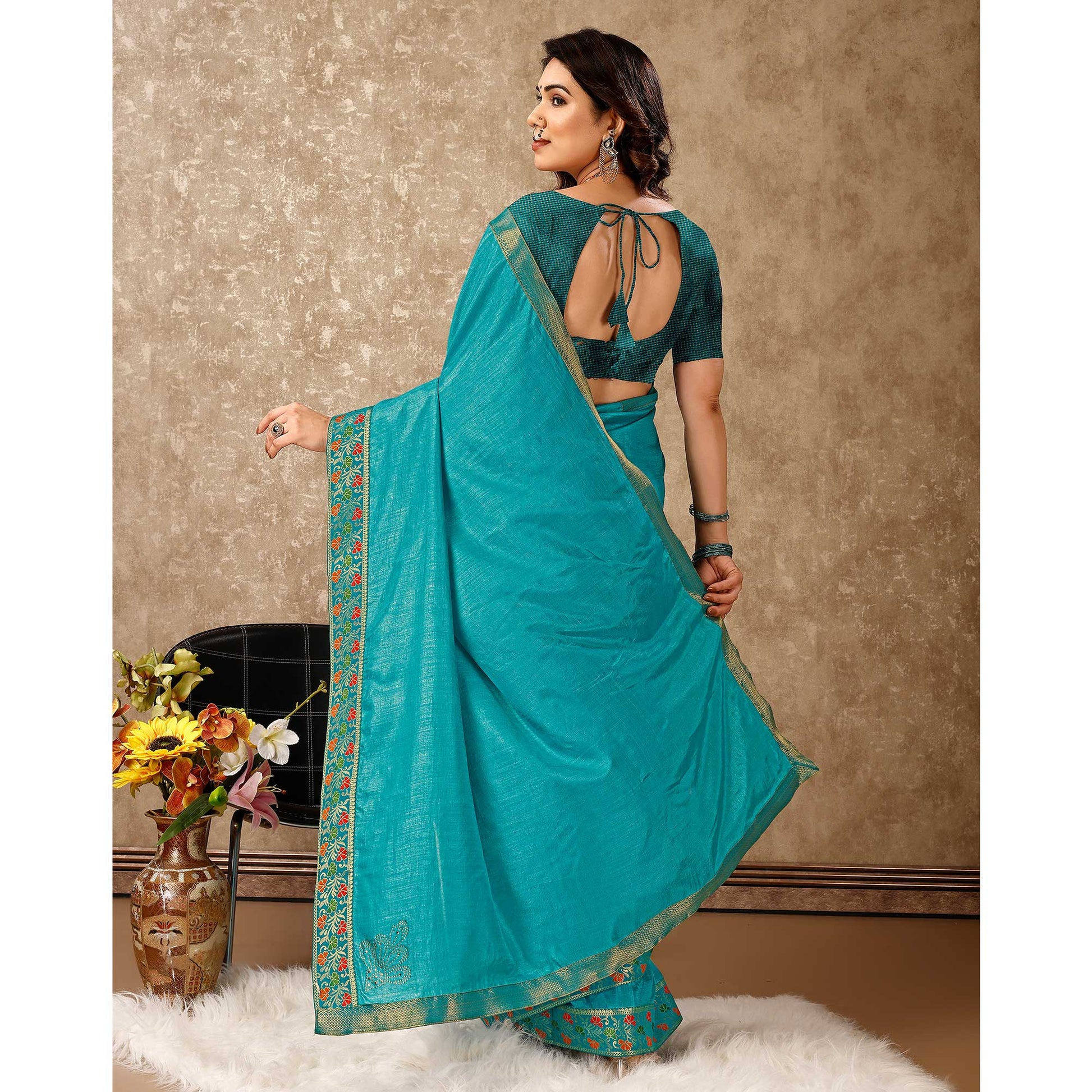 Blue Swarovski Work Vichitra Silk Saree Lace Border