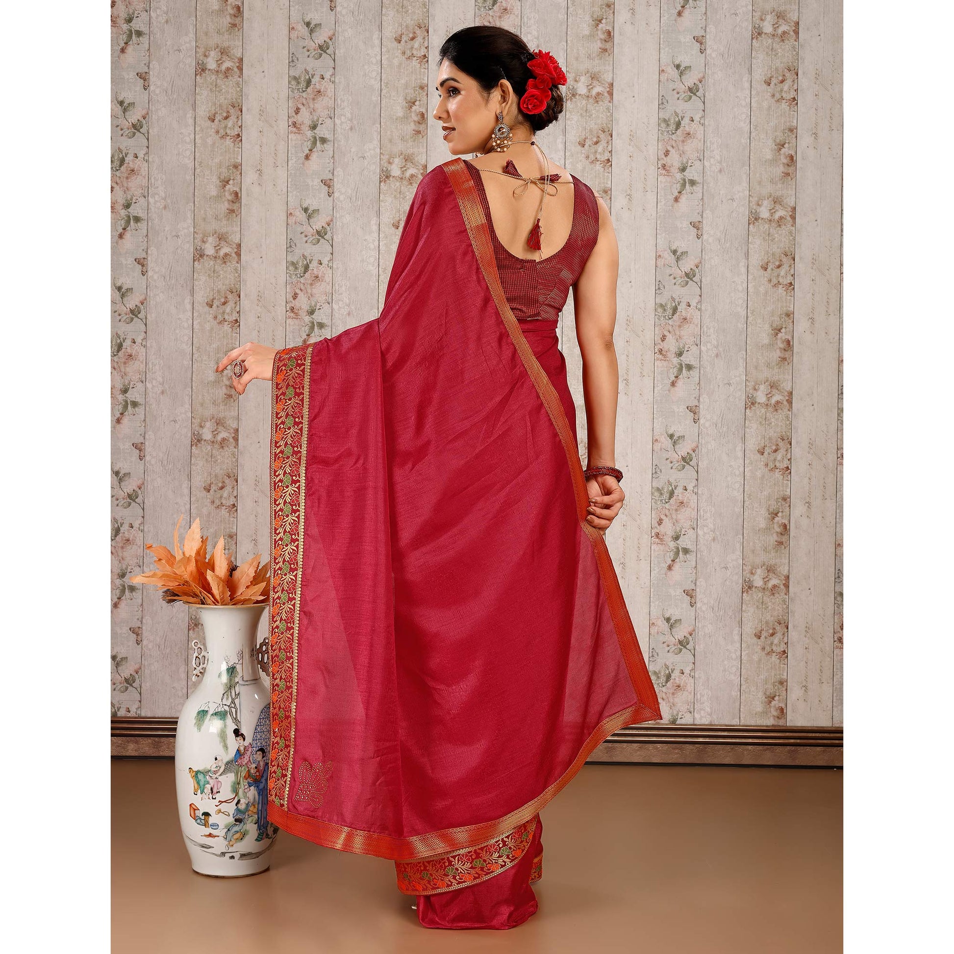 Maroon Swarovski Work Vichitra Silk Saree Lace Border