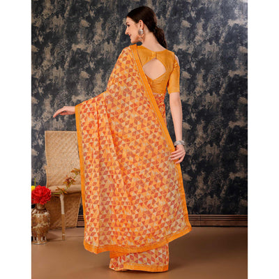 Light Orange Geometric Printed Chiffon Saree With Lace Border