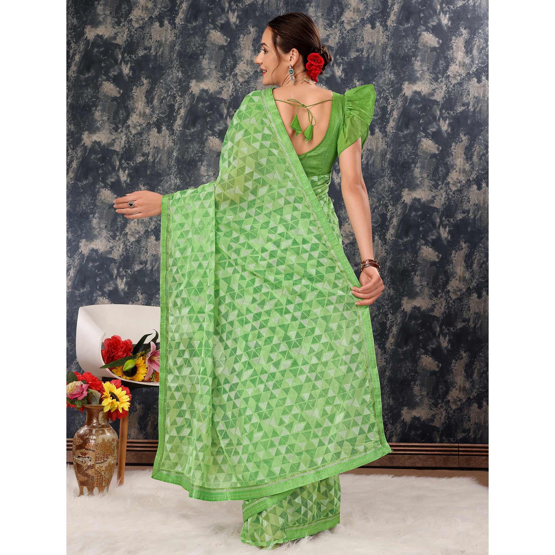 green-geometric-printed-chiffon-saree-with-lace-border