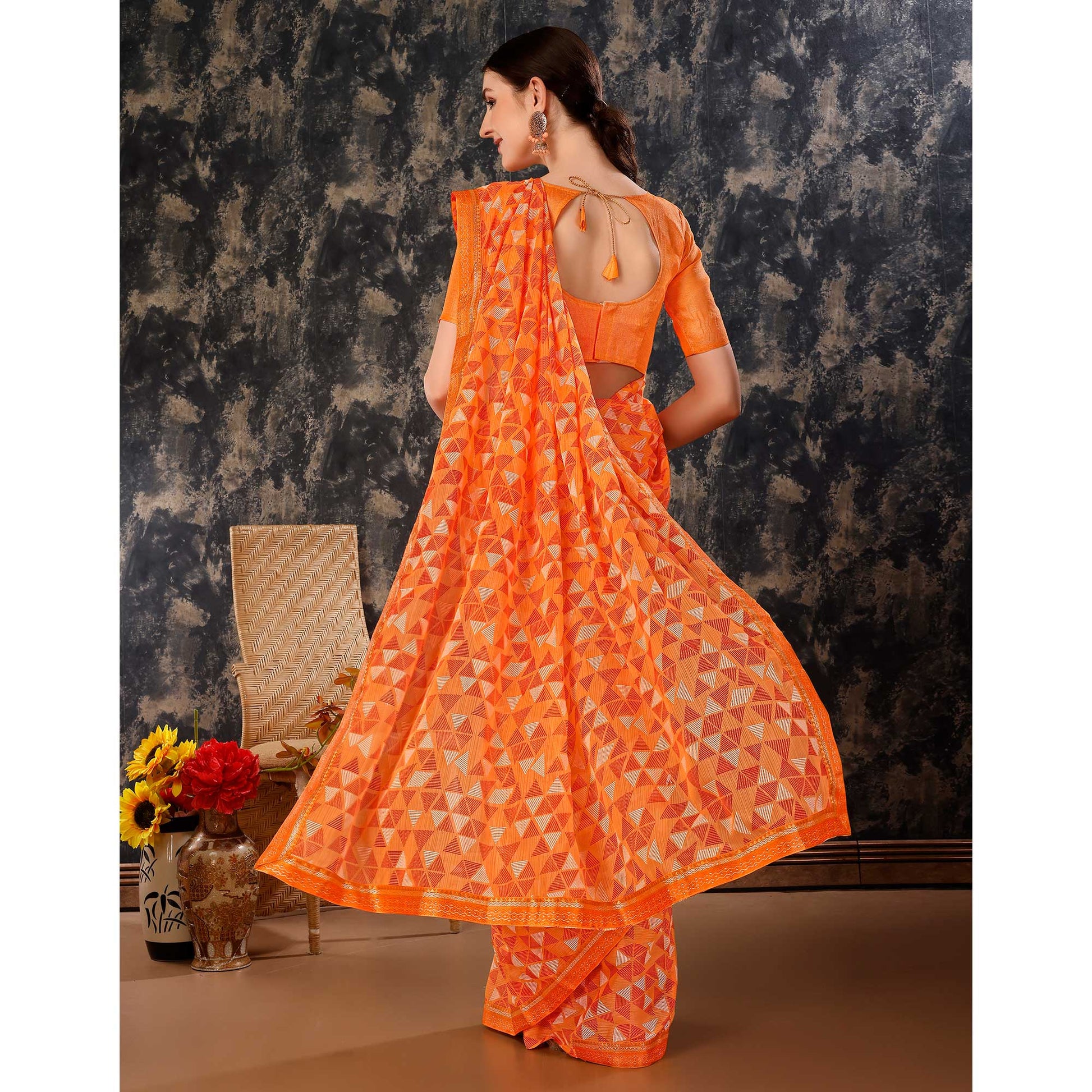 Dark Orange Geometric Printed Chiffon Saree With Lace Border
