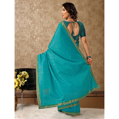 Blue Swarovski Work Vichitra Silk Saree With Lace Border