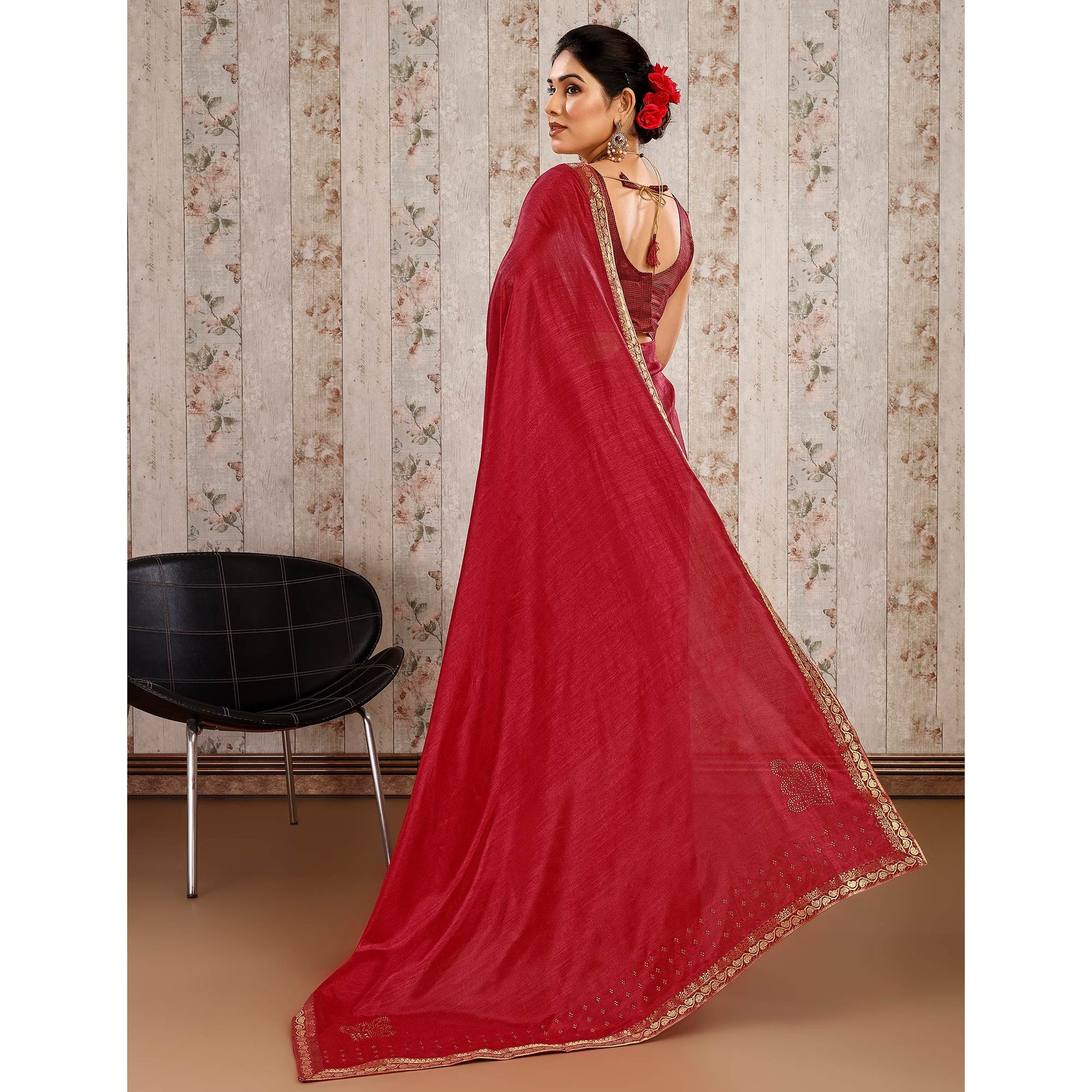 Maroon Swarovski Work Vichitra Silk Saree With Lace Border