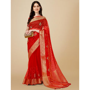 Maroon Floral Embroidered Organza Saree