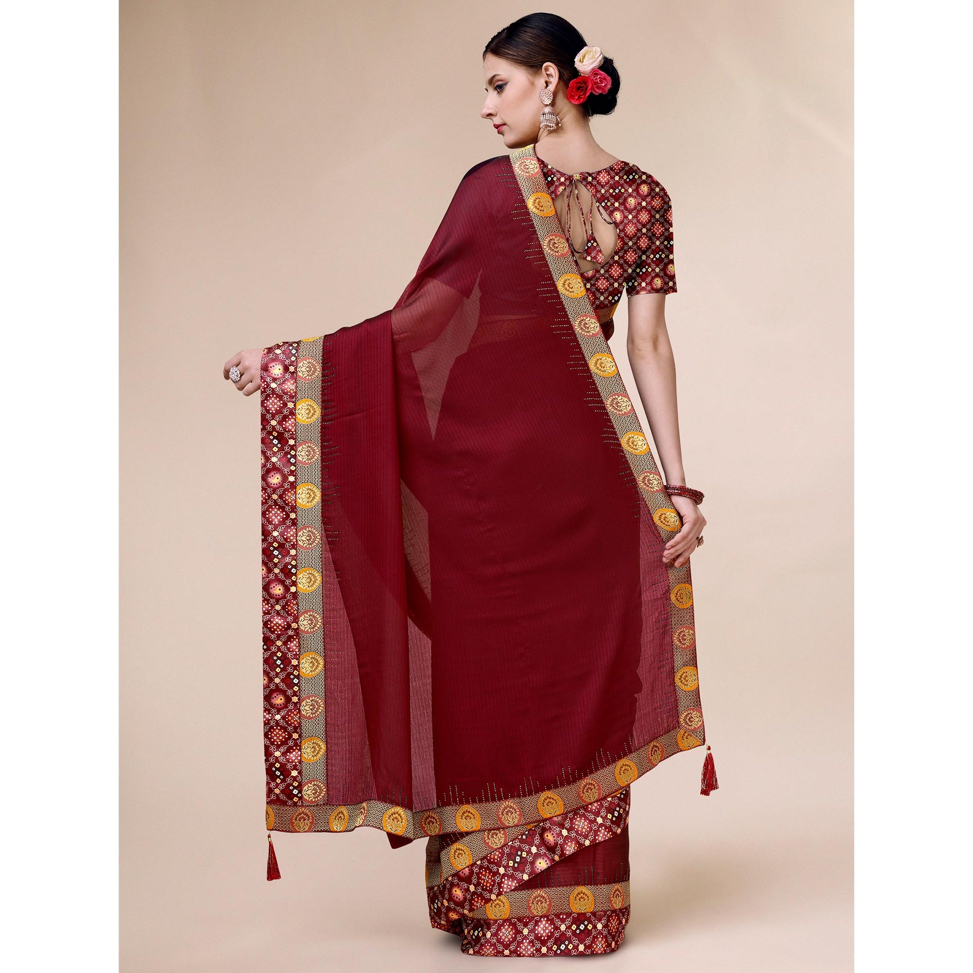 Maroon Swarovski With Bandhani Printed Border Art Silk Saree
