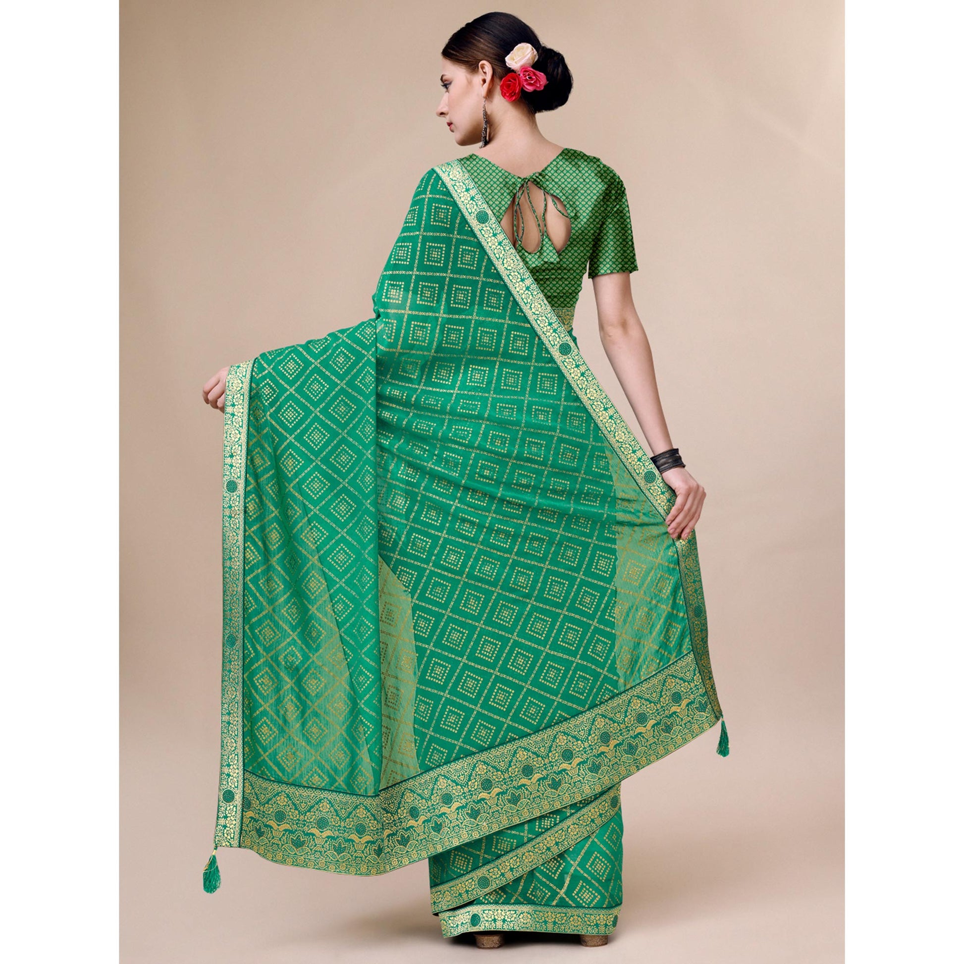 green-bandhani-foil-printed-chiffon-saree-with-tassels
