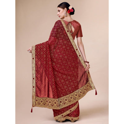 Maroon Bandhani Foil Printed Chiffon Saree With Tassels