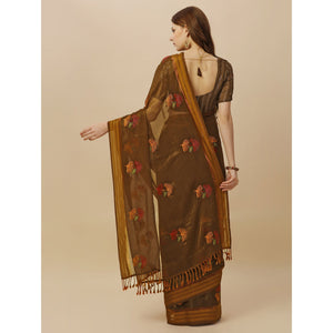 Brown Floral Embroidered Chiffon Saree With With Tassels