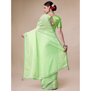 Light Green Zari Striped With Swarovski Work Chiffon Saree
