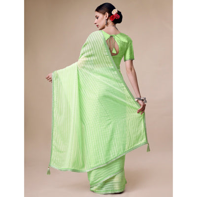 Light Green Zari Striped With Swarovski Work Chiffon Saree