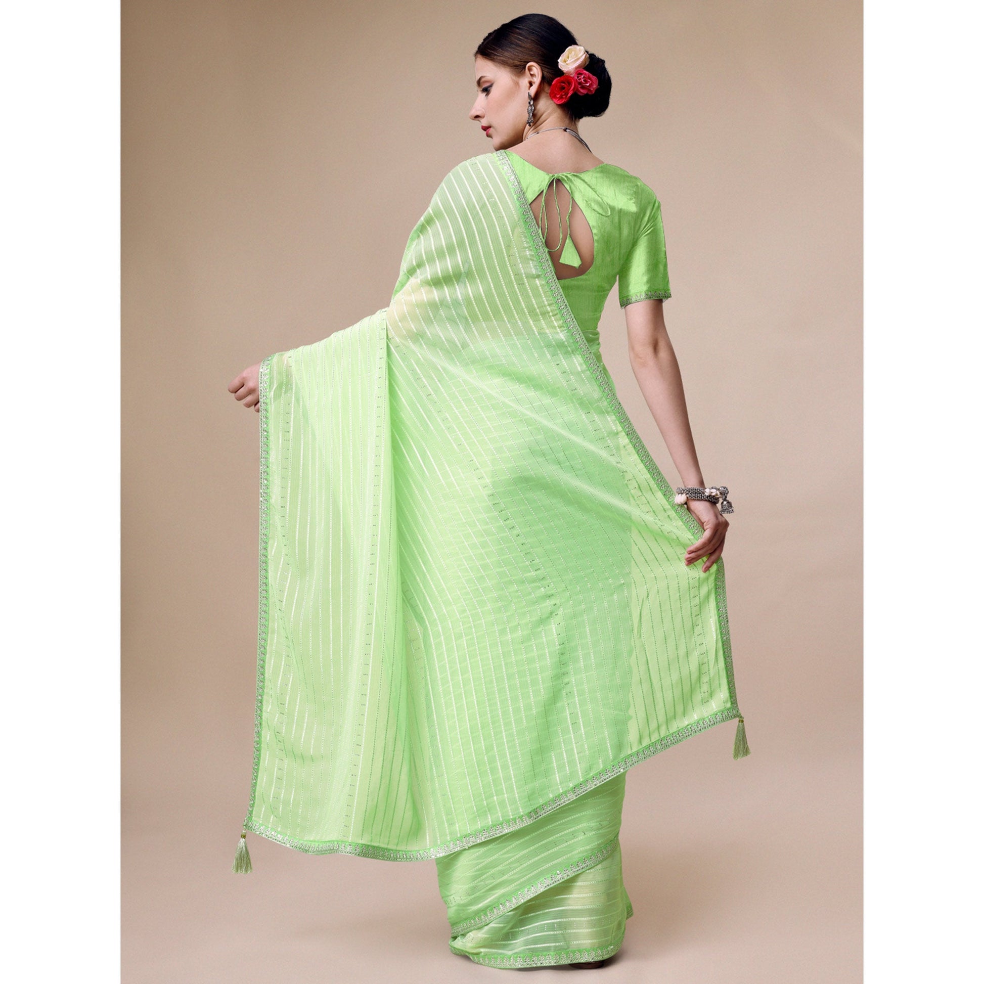 Light Green Zari Striped With Swarovski Work Chiffon Saree
