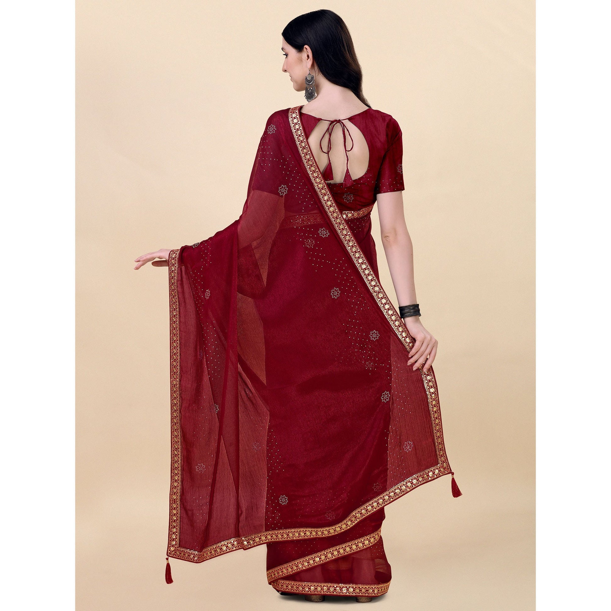 Maroon Swarovski With Sequins Embroidered Chiffon Saree