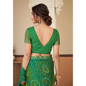 green-bandhani-printed-chiffon-saree-with-lace-border