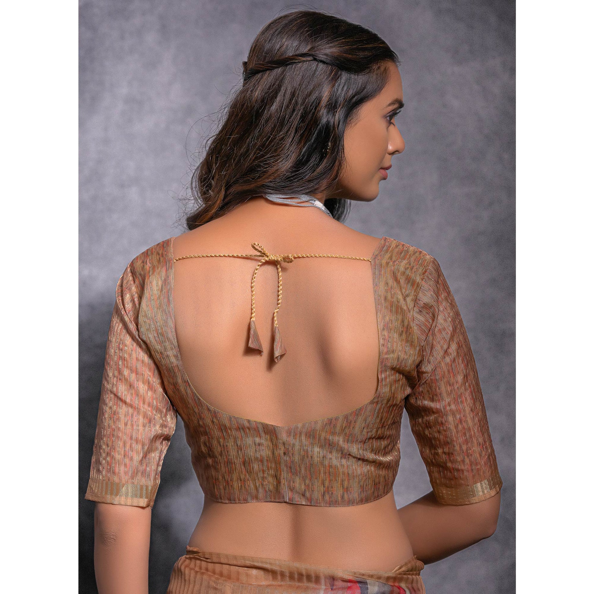 Chikoo Digital Printed Linen Saree With Woven Border