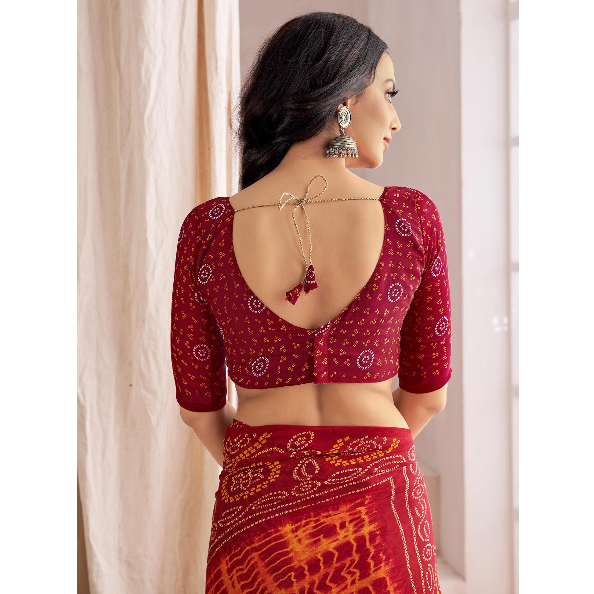 Maroon Bandhani Printed Chiffon Saree