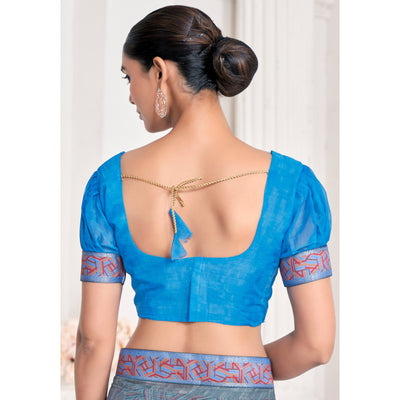 Bluish Grey Geometric Printed Chiffon Saree With Lace Border